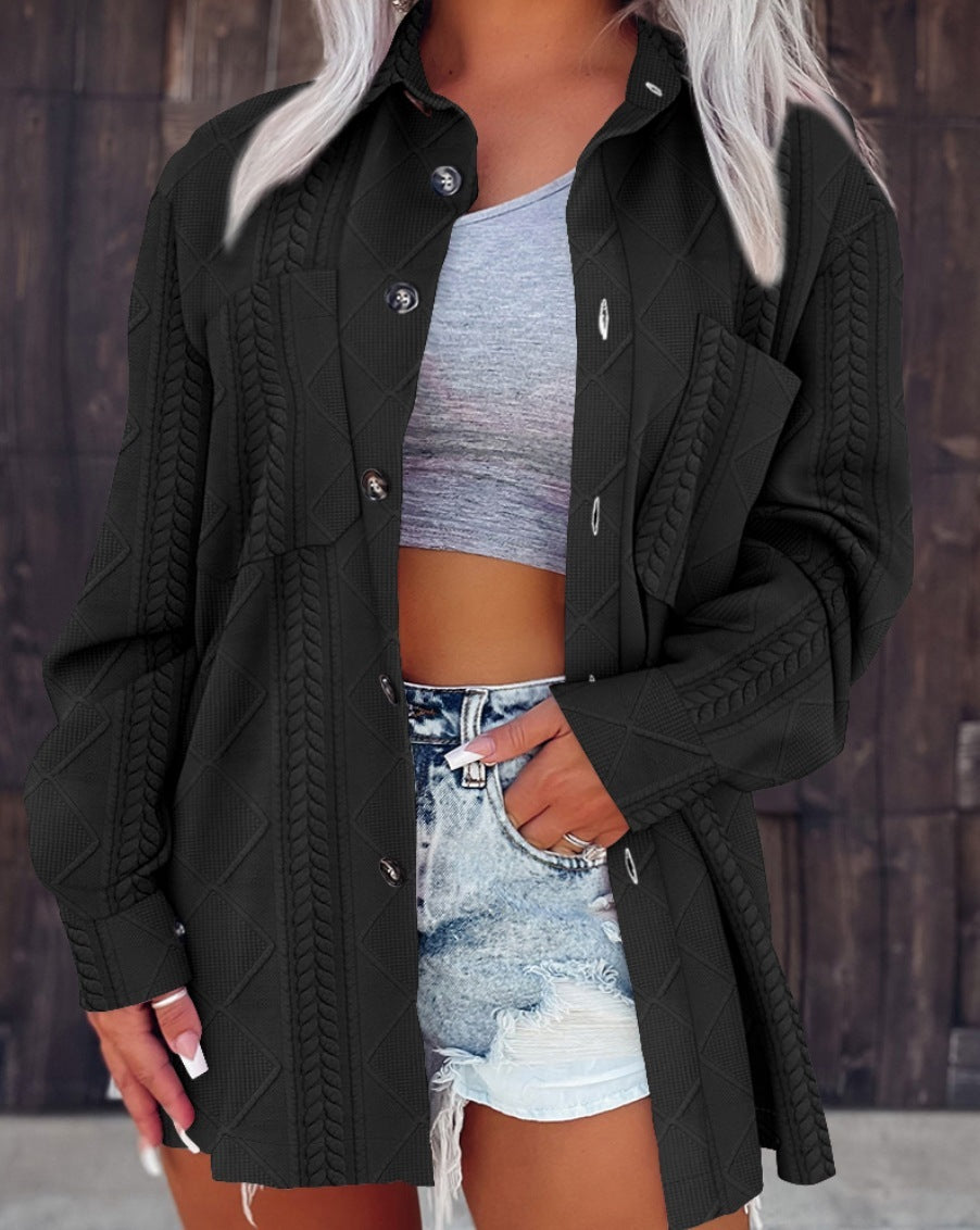 Autumn And Winter Simplicity Fashion Polo Collar Solid Color Buttons Knitting Patterns Coat For Women